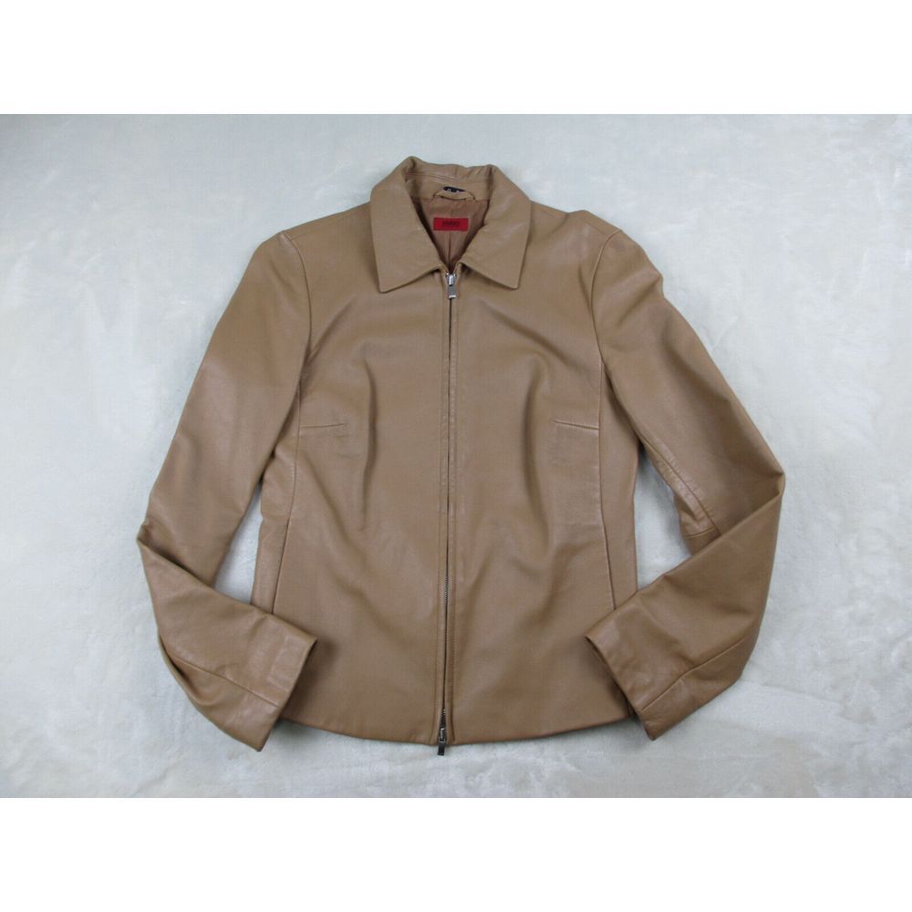 VINTAGE Hugo Boss Jacket Womens Medium‎ Brown Lambskin Pockets Casual Ladies*